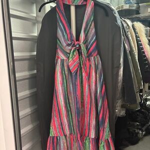 Multi Stripe A-line Halter Dress with Tie and Keyhole Detail Red Blue Green